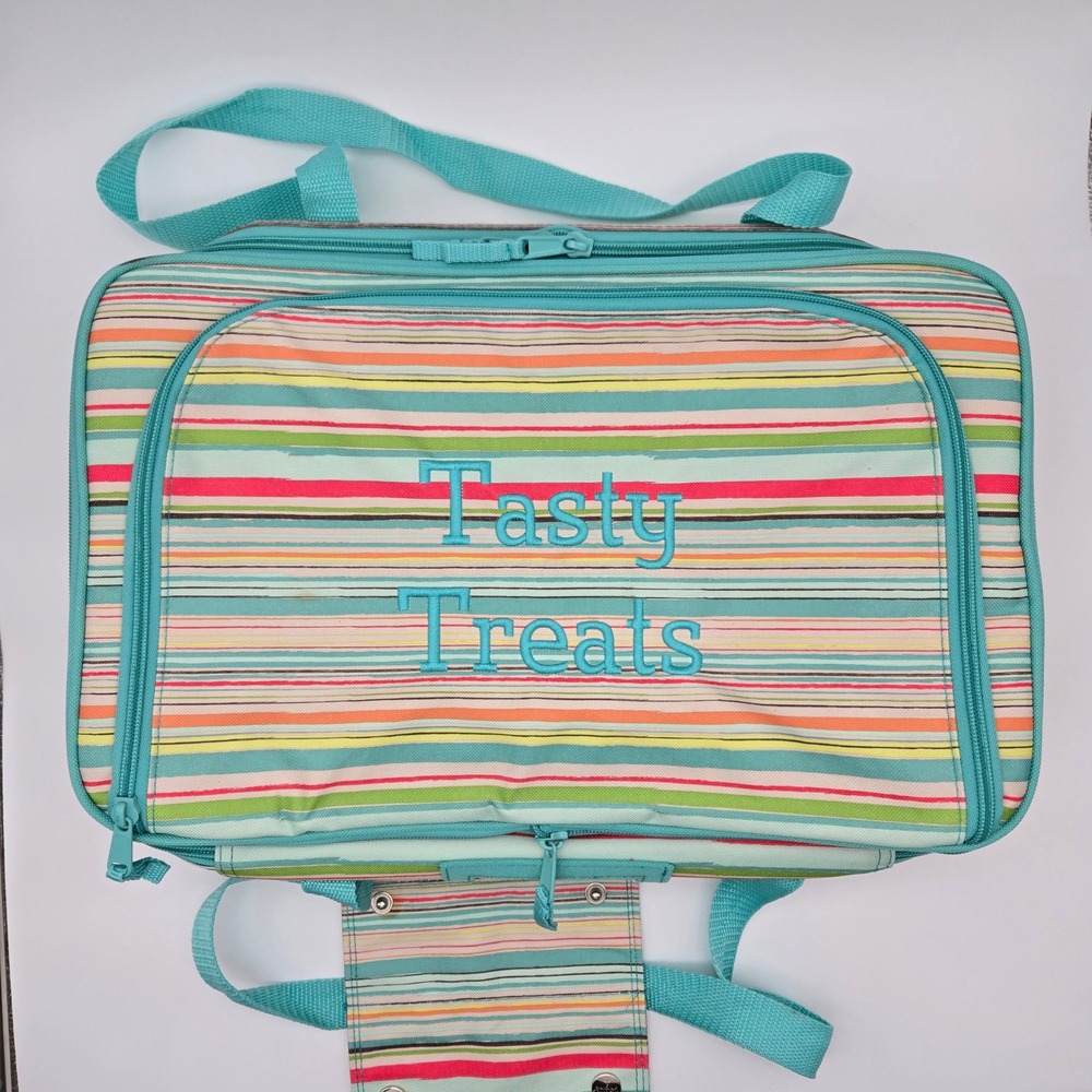 Thirty-One Perfect‎ Party Set Teal Striped Insulated Expandable Picnic Carrier